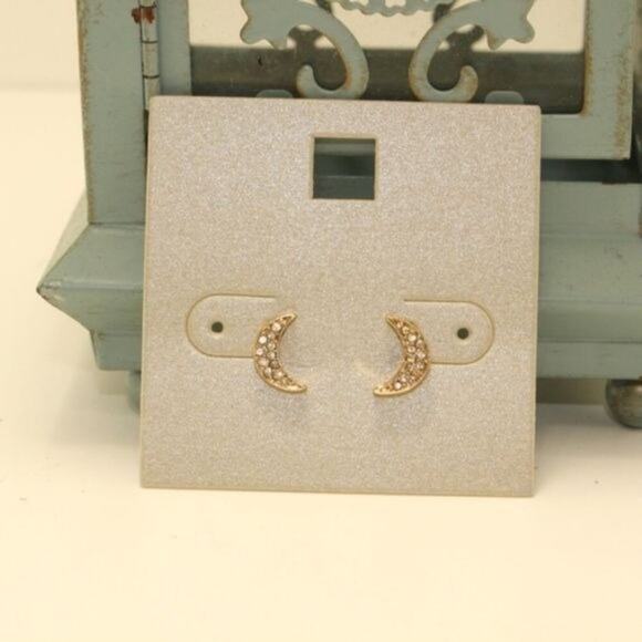 Anthropologie Lydell NYC Dainty Stud Earrings Moon Paved Gold Faux Crystal New w - Picture 2 of 3